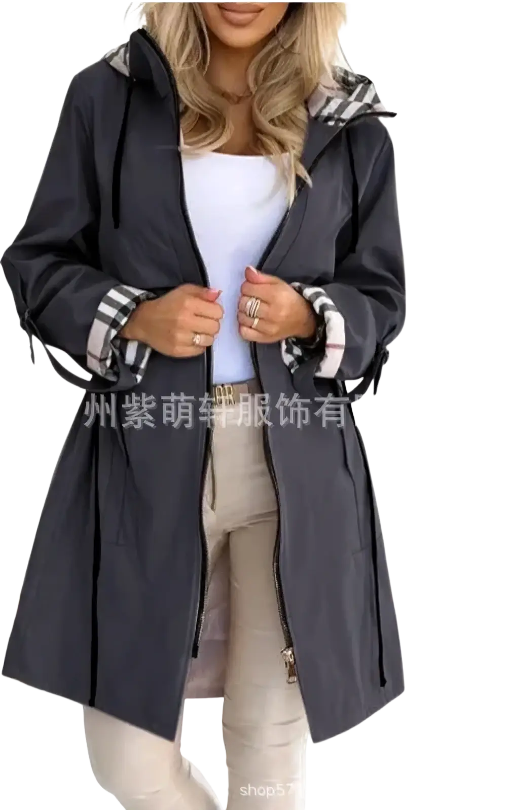 Dark gray hooded trench coat for women with black and white checkered lining on collar and cuffs autumn outerwear