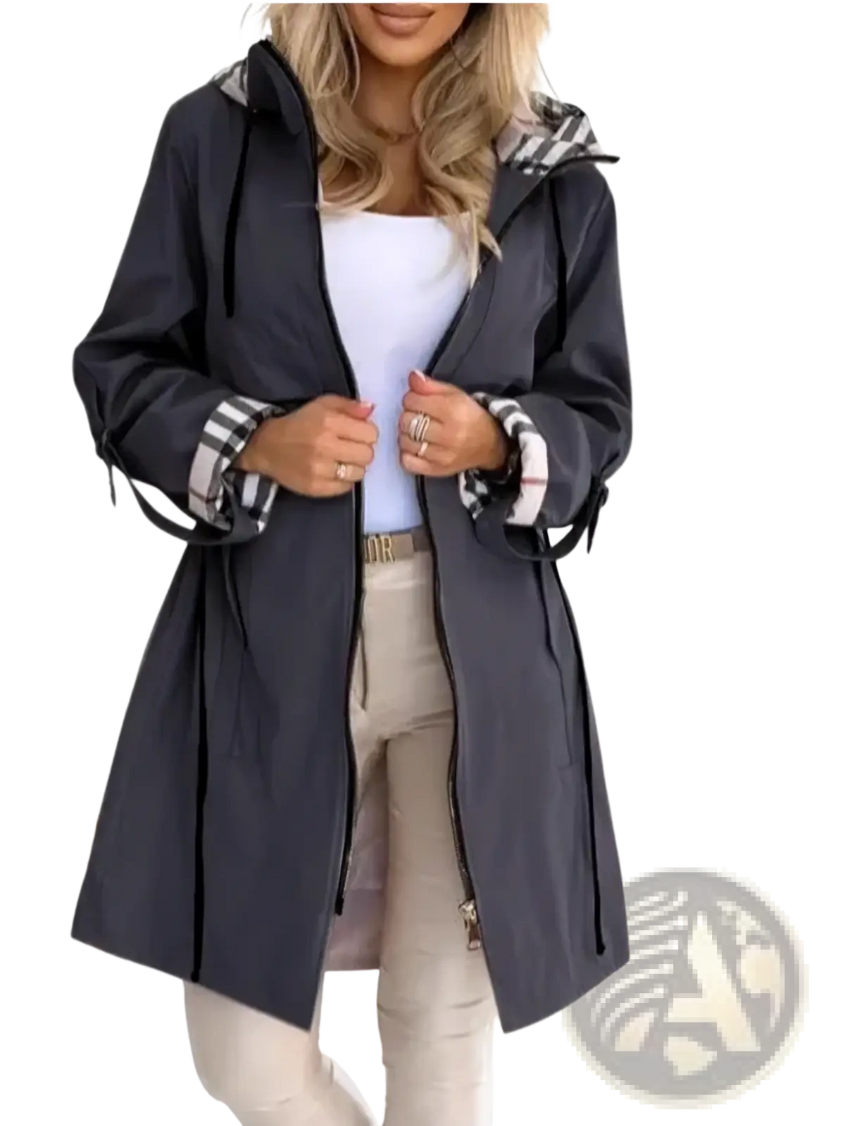 Dark gray plaid hooded trench coat for women with zipper front and drawstring detailing perfect for autumn outerwear