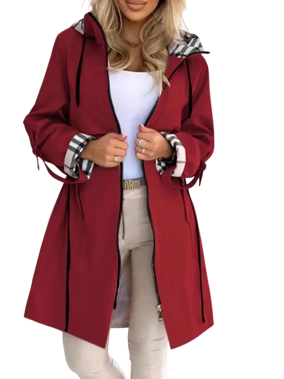 A maroon plaid hooded trench coat for women with black and white plaid lining cuffs and zipper trim for autumn outerwear