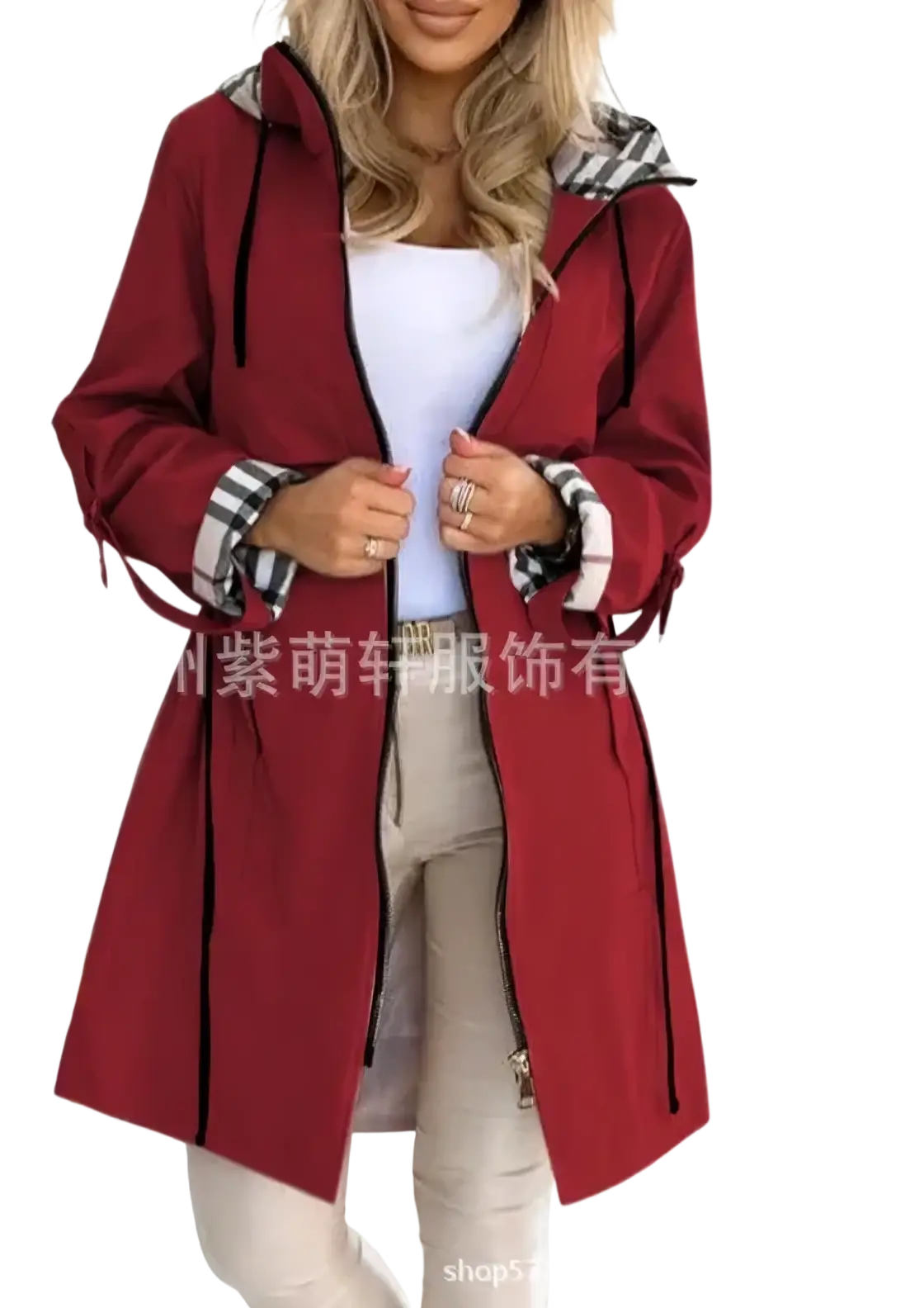 Maroon hooded trench coat for women with black zipper accents and contrasting plaid trim on cuffs and collar for autumn outerwear
