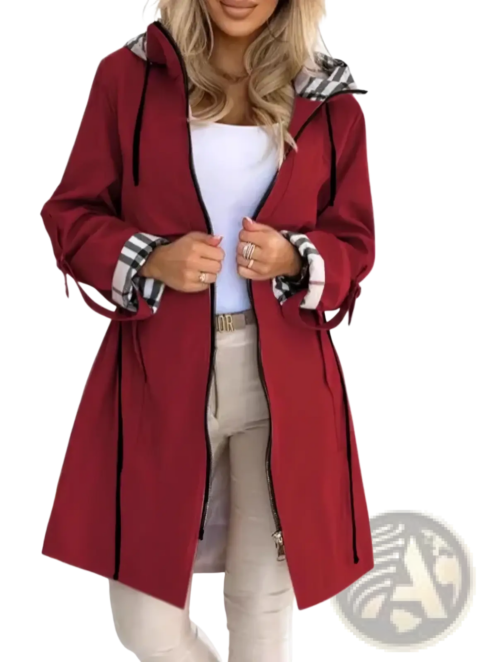 A maroon plaid hooded trench coat for women with black and white plaid lining cuffs and zipper trim for autumn outerwear