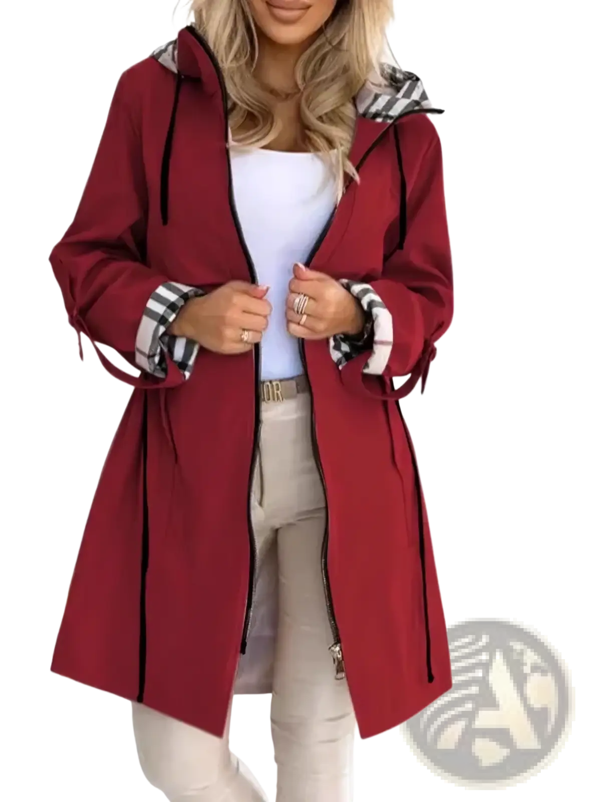 A maroon plaid hooded trench coat for women with black and white plaid lining cuffs and zipper trim for autumn outerwear