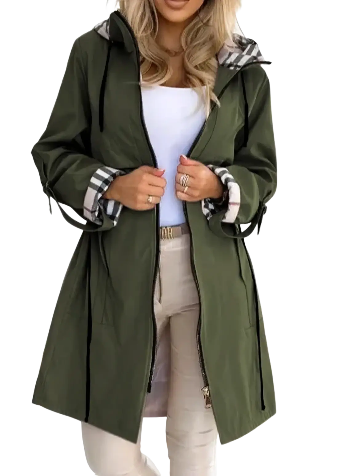 Olive green plaid hooded trench coat for women featuring black zipper accents and plaid-lined hood and cuffs for autumn outerwear
