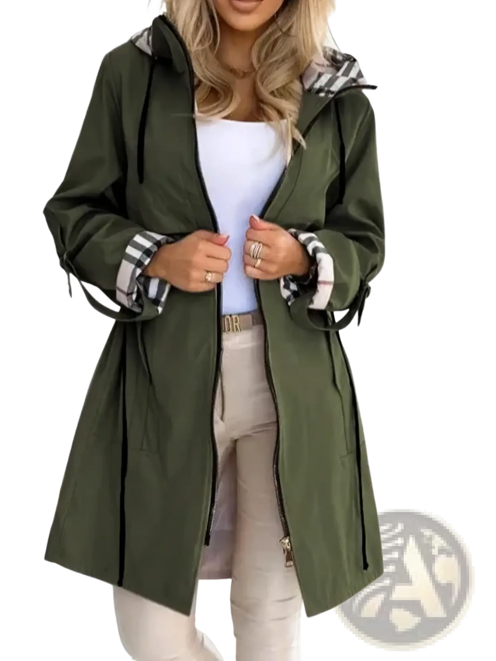 Olive green plaid hooded trench coat for women featuring black zipper accents and plaid-lined hood and cuffs for autumn outerwear