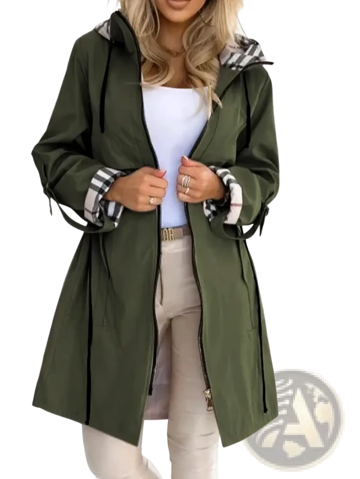 Olive green plaid hooded trench coat for women featuring black zipper accents and plaid-lined hood and cuffs for autumn outerwear