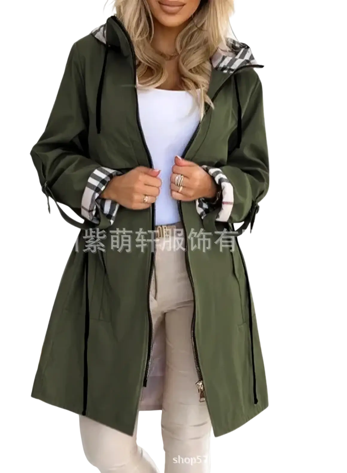 Olive green waterproof trench coat for women with plaid-lined hood and cuffs and black zipper accents autumn outerwear