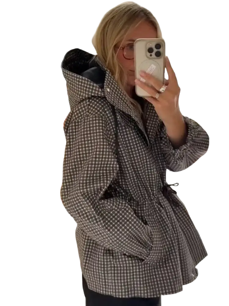 Plaid hooded trench jacket for women in dark gray and white checkered pattern with drawstring waist for fall outerwear