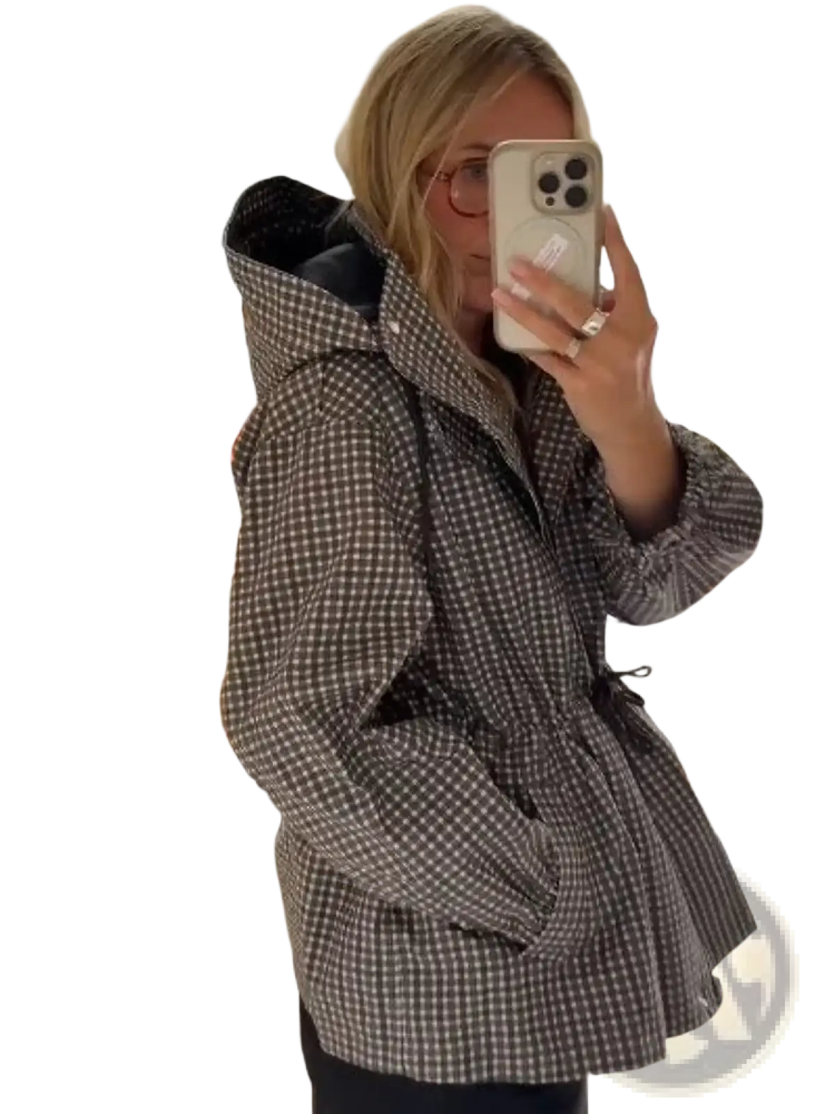 Plaid hooded trench jacket for women in dark gray and white checkered pattern with drawstring waist for fall outerwear