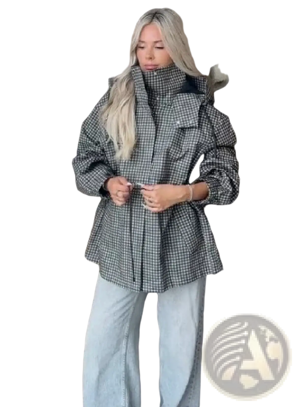 A cozy oversized black and white checkered puffer jacket with high collar and pleated front for women fall outerwear