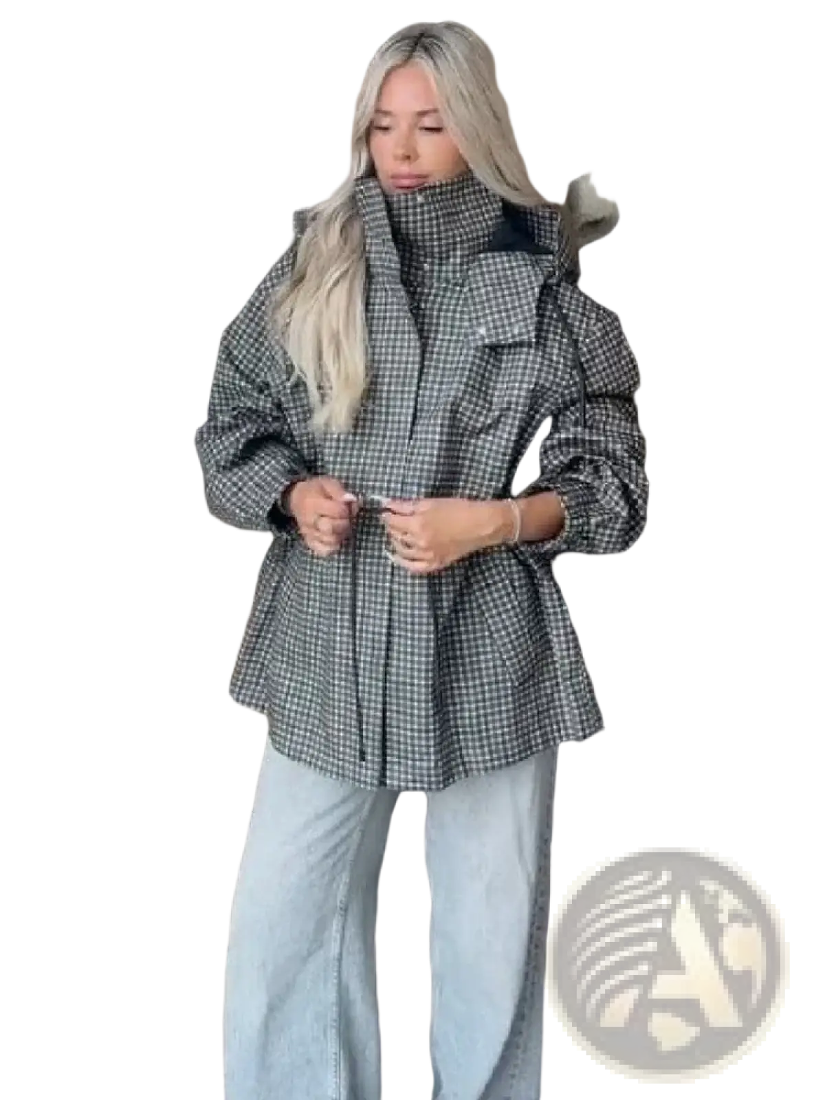 A cozy oversized black and white checkered puffer jacket with high collar and pleated front for women fall outerwear