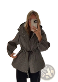 A stylish plaid hooded trench jacket for women in muted grey and black herringbone with a cinched waist belt
