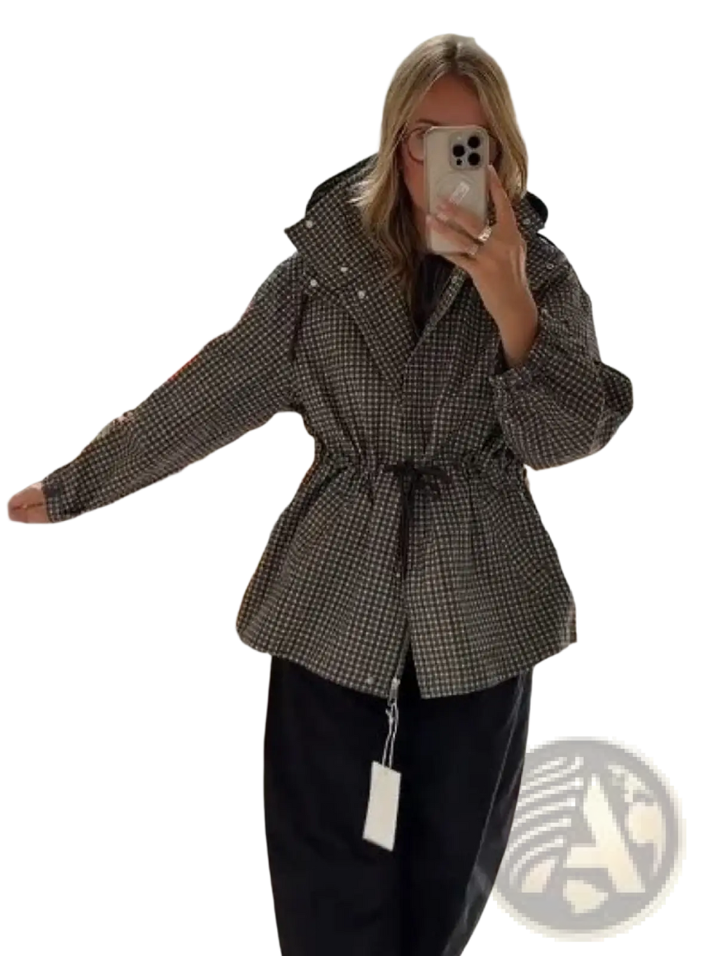 A stylish black and beige houndstooth belted trench coat with structured collar for women fall outerwear