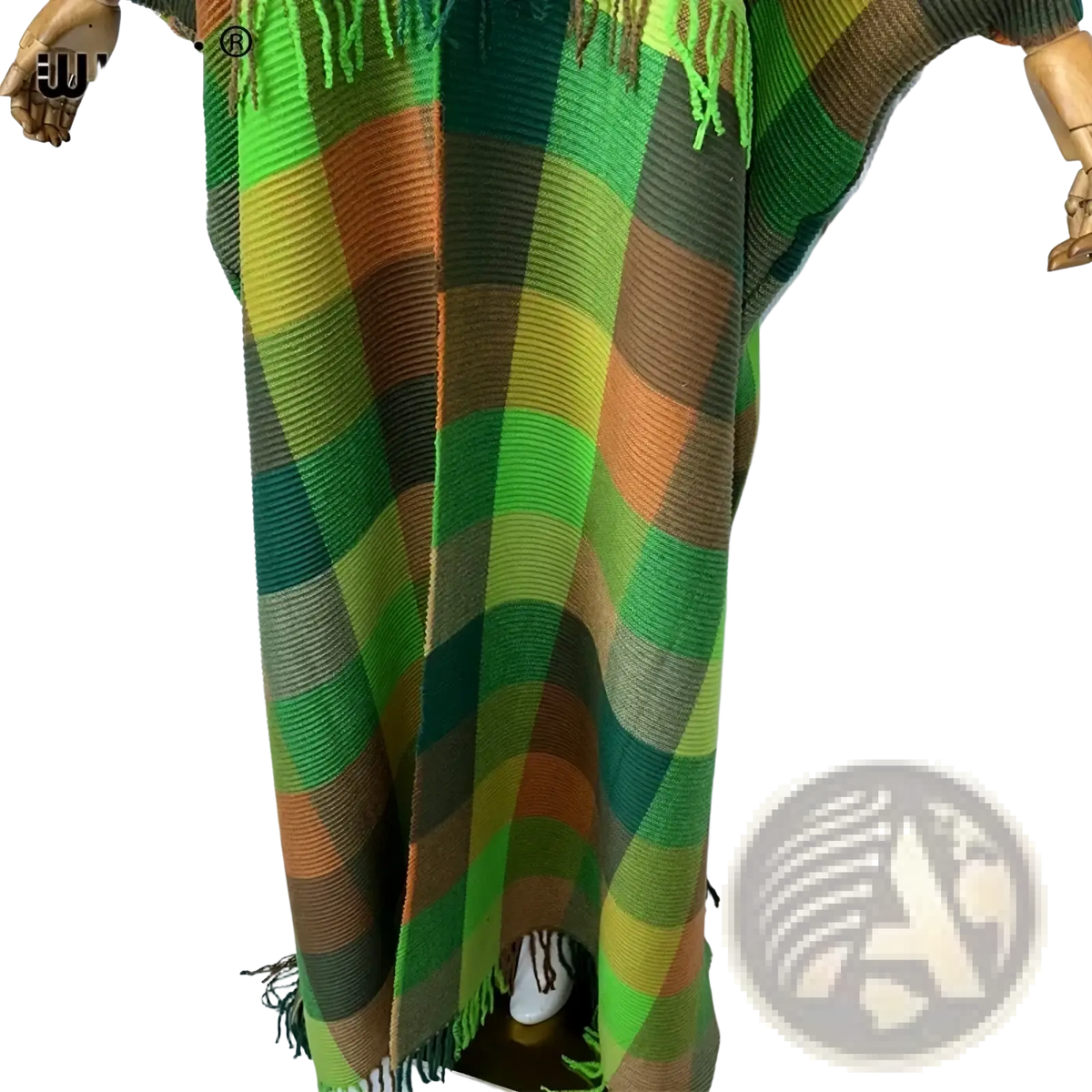 Plaid kaftan cardigan dress in vibrant green orange and brown knitted fabric with fringe detailing