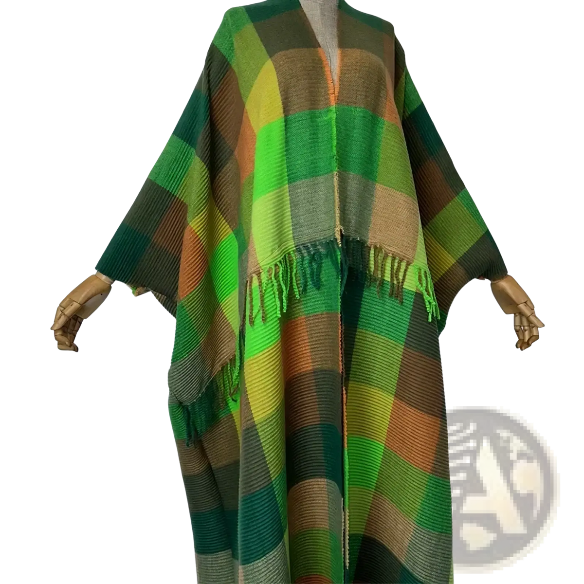 Plaid kaftan cardigan dress in vibrant green yellow and brown plaid knit with fringe trim