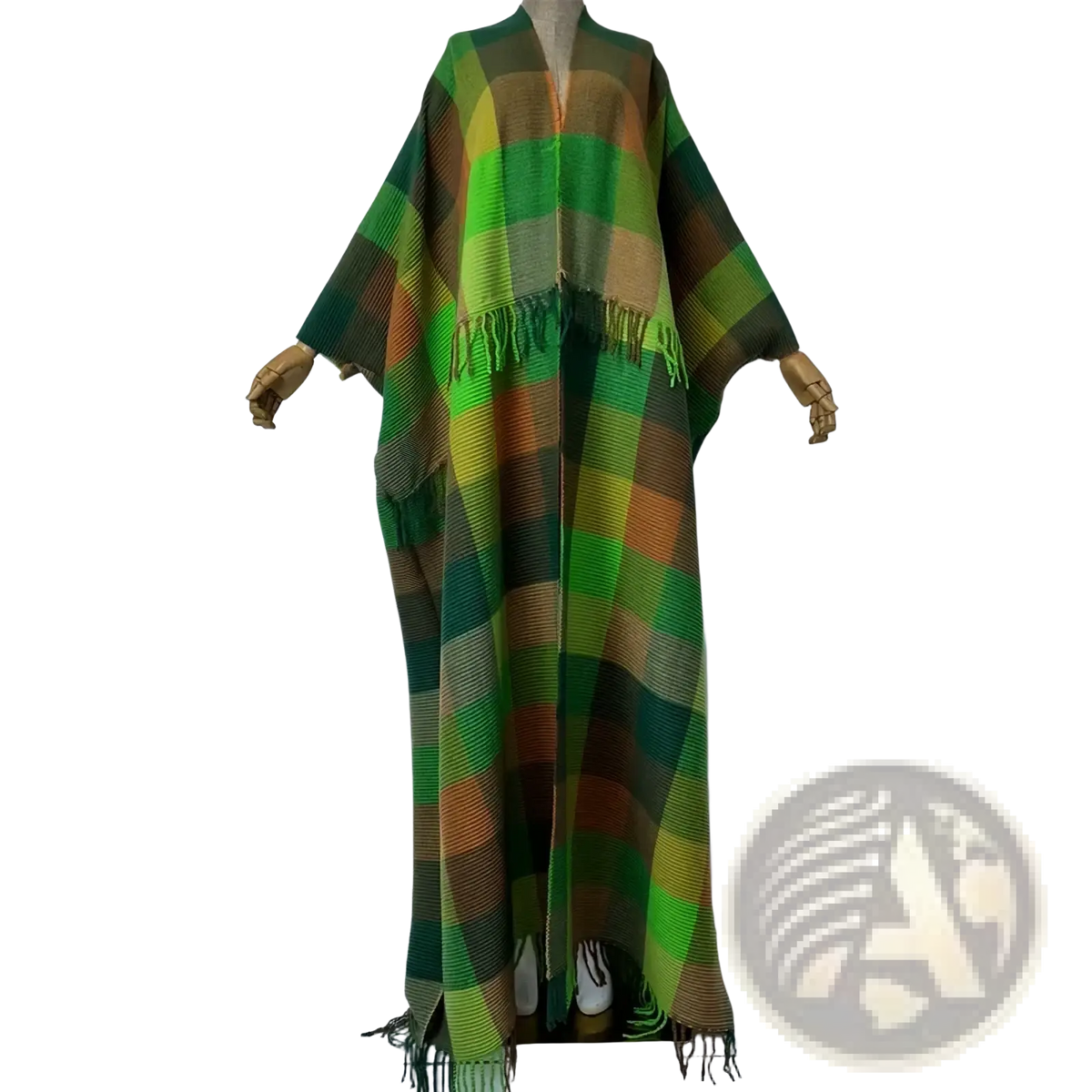 Winyi women’s plaid kaftan cardigan dress in green and brown with long flowing fabric and fringe detailing