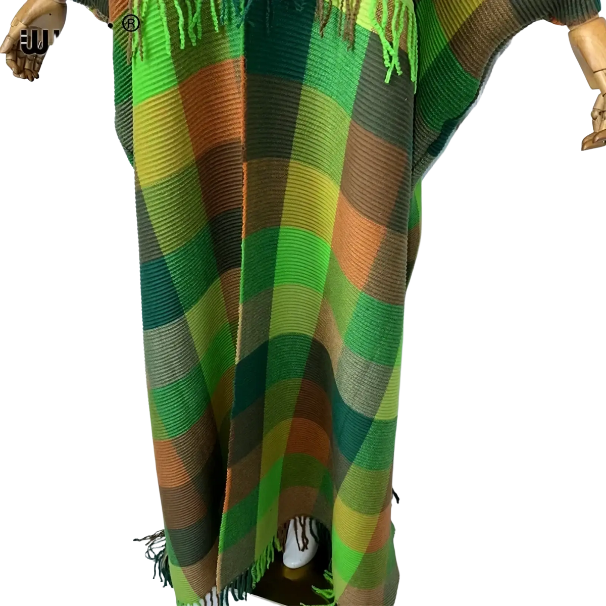 Plaid kaftan cardigan dress in vibrant green orange and brown knitted fabric with fringe detailing