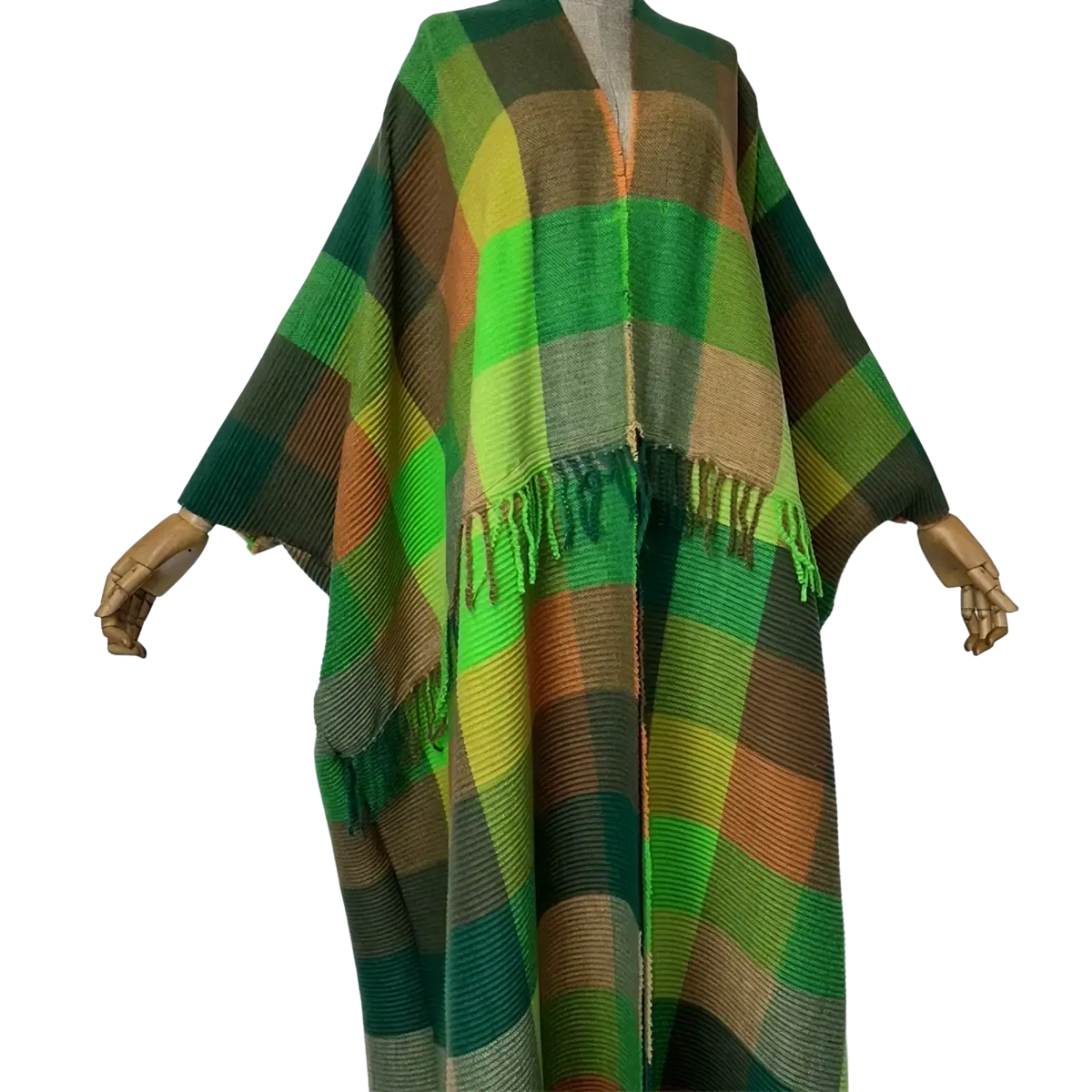 Plaid kaftan cardigan dress in vibrant green yellow and brown plaid knit with fringe trim