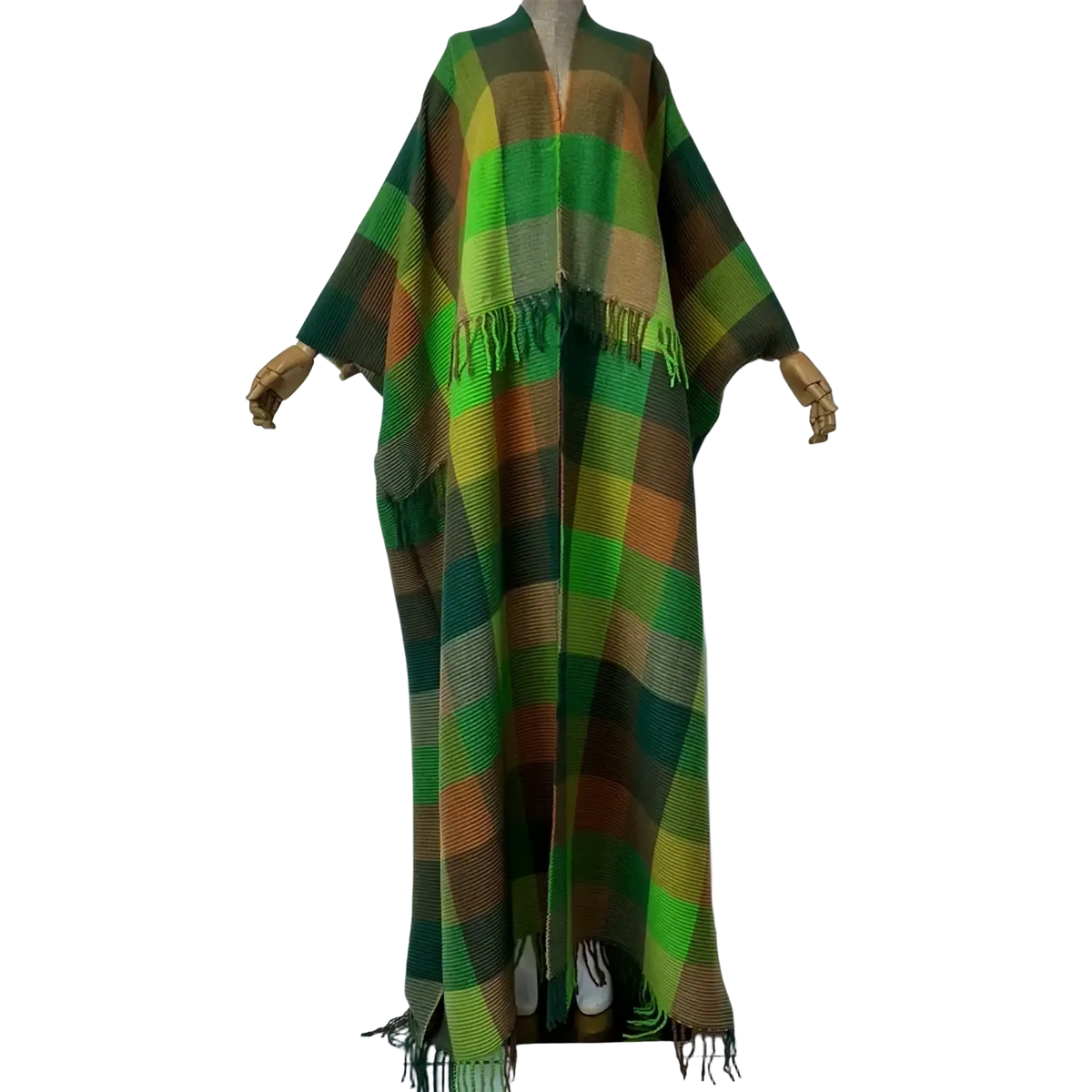 Winyi women’s plaid kaftan cardigan dress in green and brown with long flowing fabric and fringe detailing