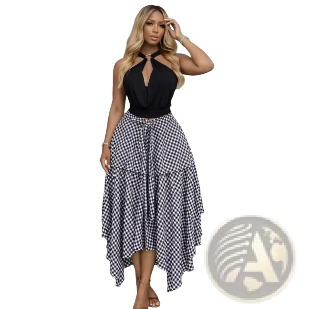 Black and white gingham plaid a-line midi skirt with tiered layers and high-low hemline for stylish wear
