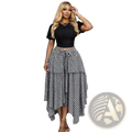 Plaid a-line midi skirt with black and white houndstooth asymmetrical tiered design in lightweight fabric