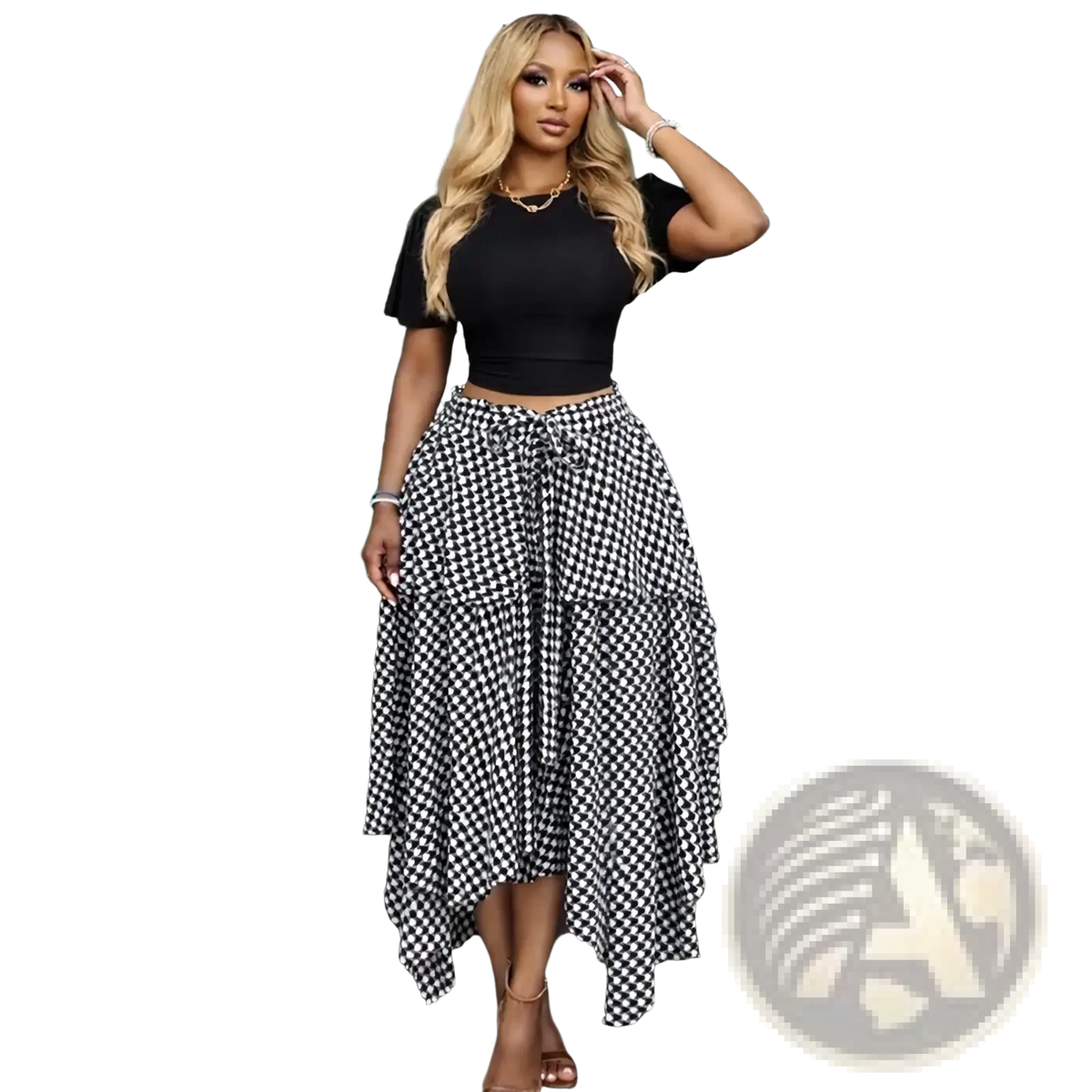 Plaid a-line midi skirt with black and white houndstooth asymmetrical tiered design in lightweight fabric