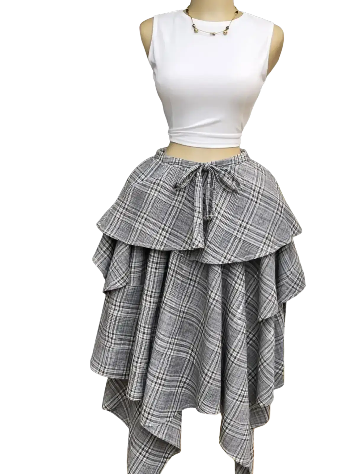 Layered gray plaid a-line midi skirt with ruffled asymmetrical hem and tied waistband perfect for stylish wear
