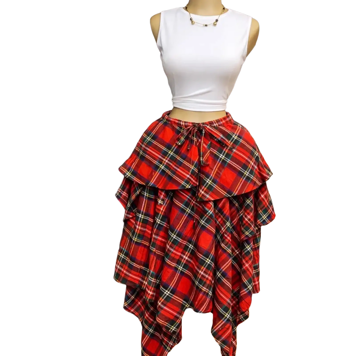 Plaid a-line midi skirt featuring a red plaid tiered design with black and white accents and ruffled asymmetrical hem