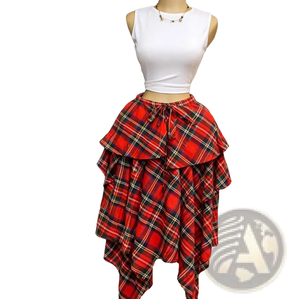 Plaid a-line midi skirt in red with black and white striped ruffled asymmetrical tiered design