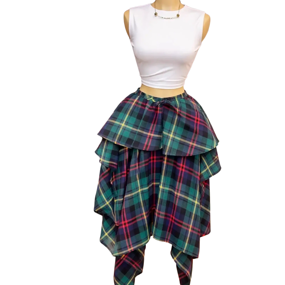 Plaid a-line midi skirt with tiered asymmetrical design in green black red and yellow accents