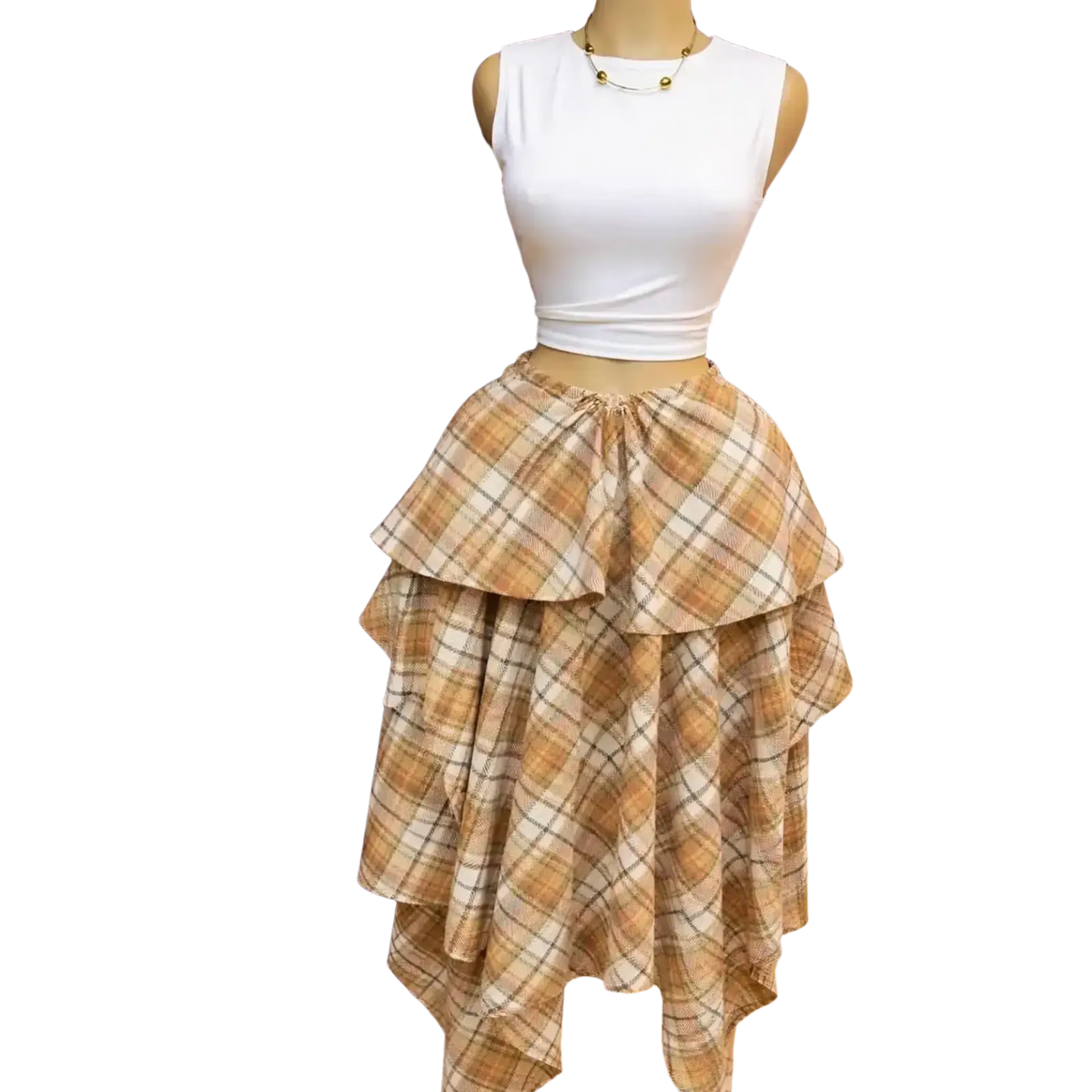 Plaid a-line midi skirt featuring tiered asymmetrical beige and brown plaid with a gathered waistband