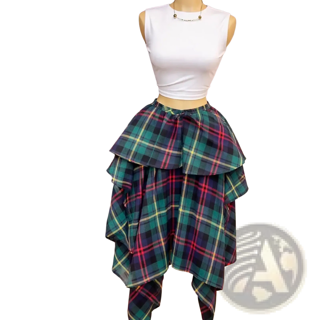 Plaid a-line midi skirt with tiered asymmetrical design in green black red and yellow accents