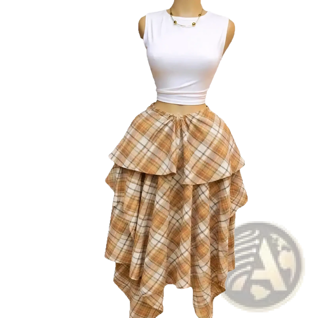 A tiered asymmetrical plaid a-line midi skirt in warm beige and cream tones with a gathered waistband