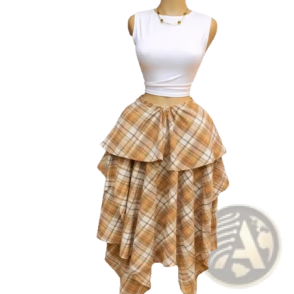 A tiered asymmetrical plaid a-line midi skirt in warm beige and cream tones with a gathered waistband