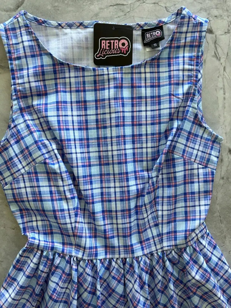 Blue and cream plaid 1950s cotton midi swing sleeveless dress with ruffled hem in blue light pink and white