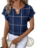Navy blue short sleeve blouse for women with white plaid pattern and notched v-neckline