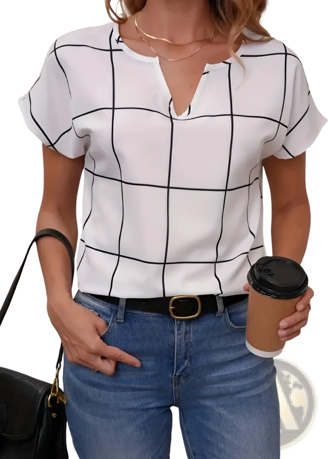 White short-sleeved blouse with black grid pattern and subtle v-neckline plaid notched neck design for women