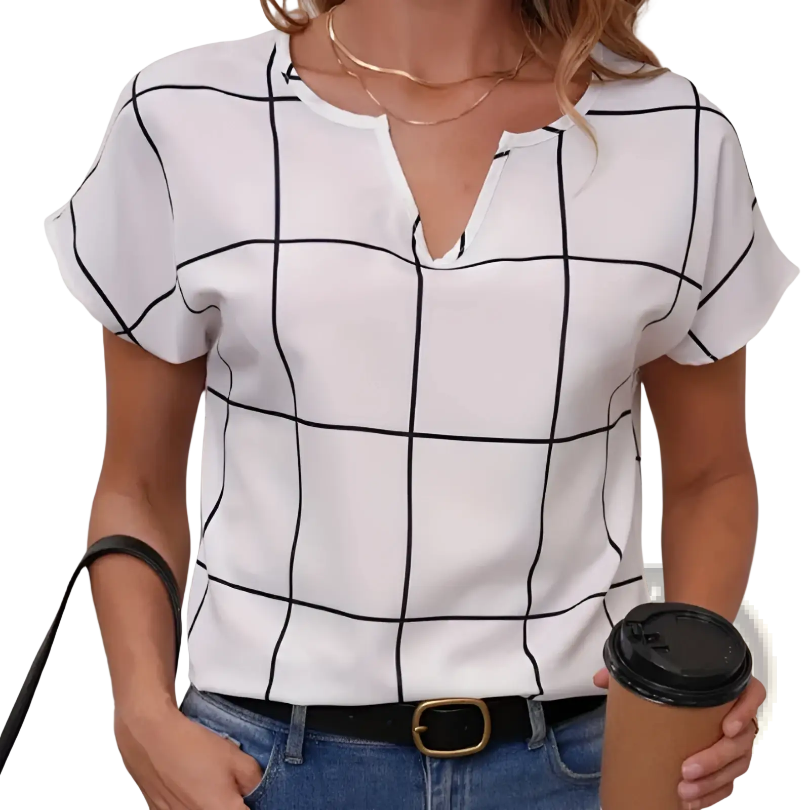 White short-sleeved blouse with black grid pattern and v-neckline in lightweight fabric for women