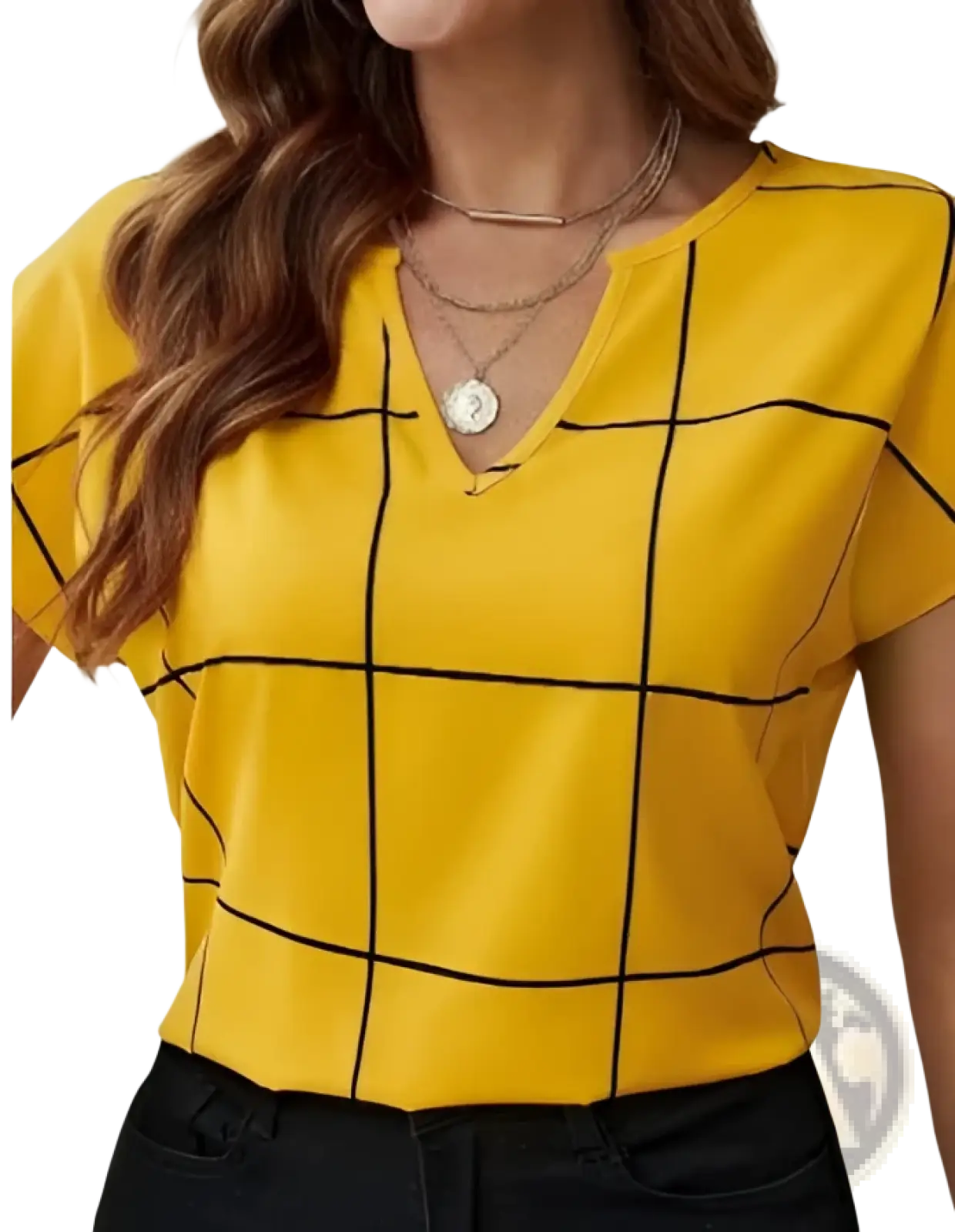 Yellow short-sleeved blouse for women with black grid pattern and notched neck perfect for casual wear