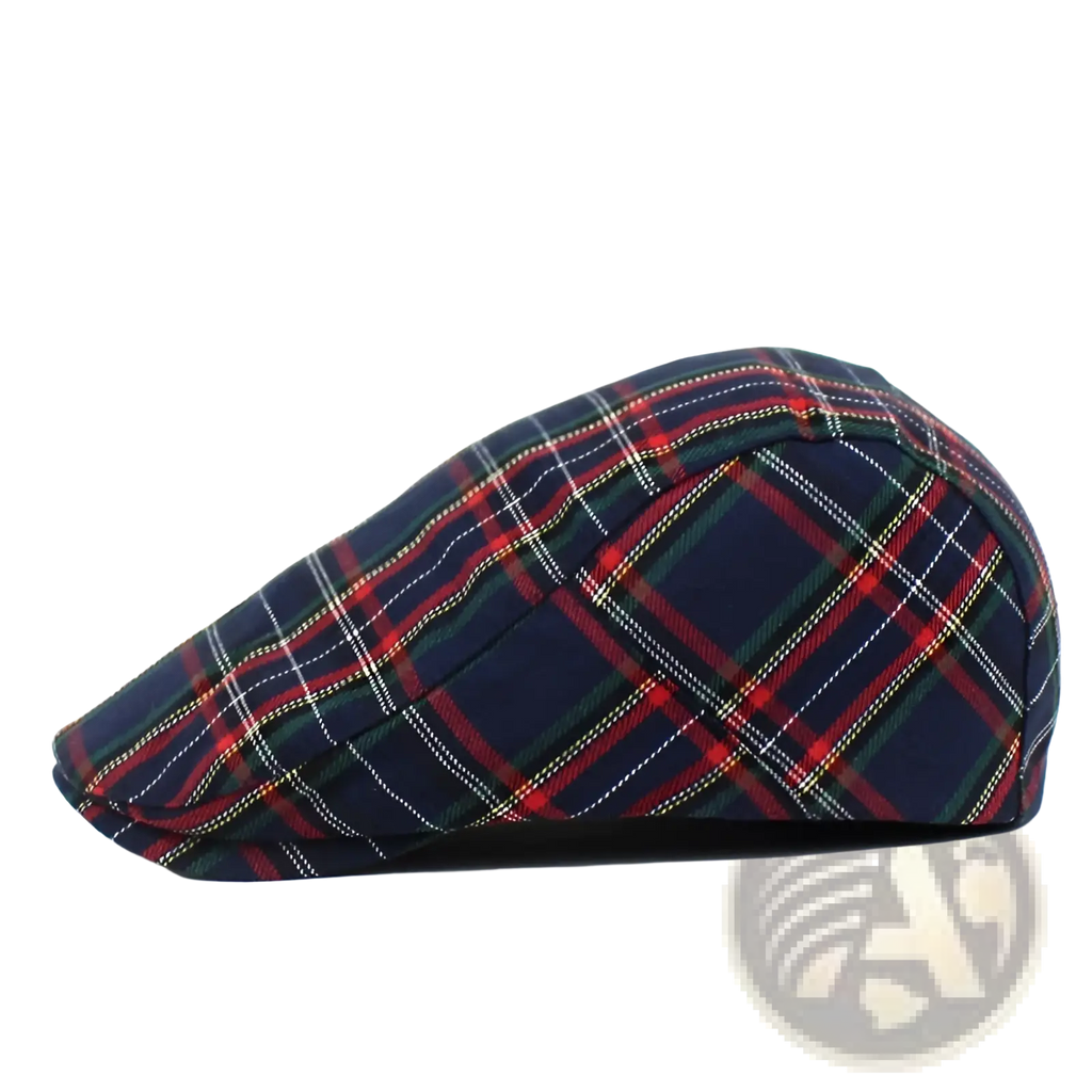 Navy blue plaid painter hat flat cap with red green and white intersecting stripes in classic fabric design