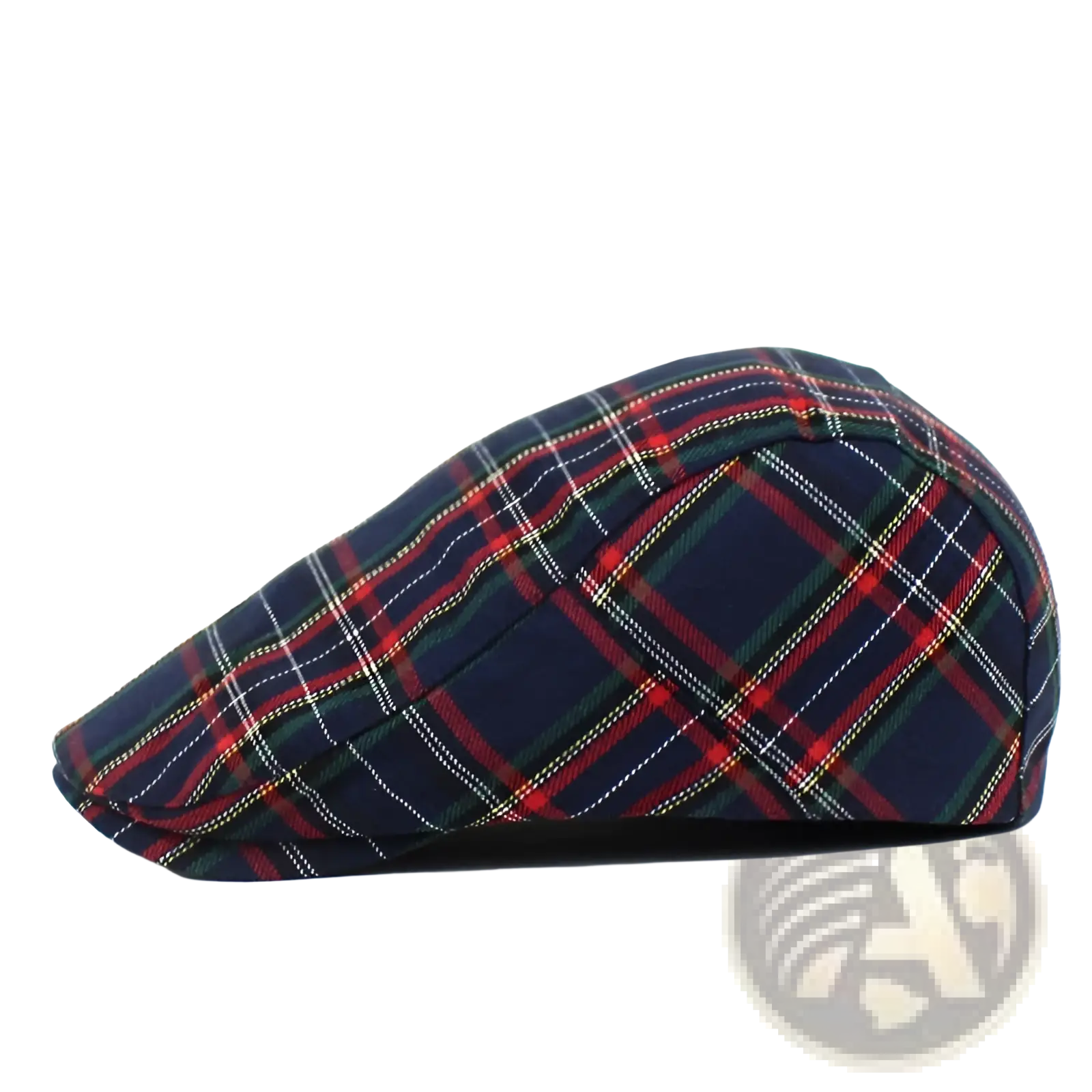 Navy blue plaid painter hat flat cap with red green and white intersecting stripes in classic fabric design