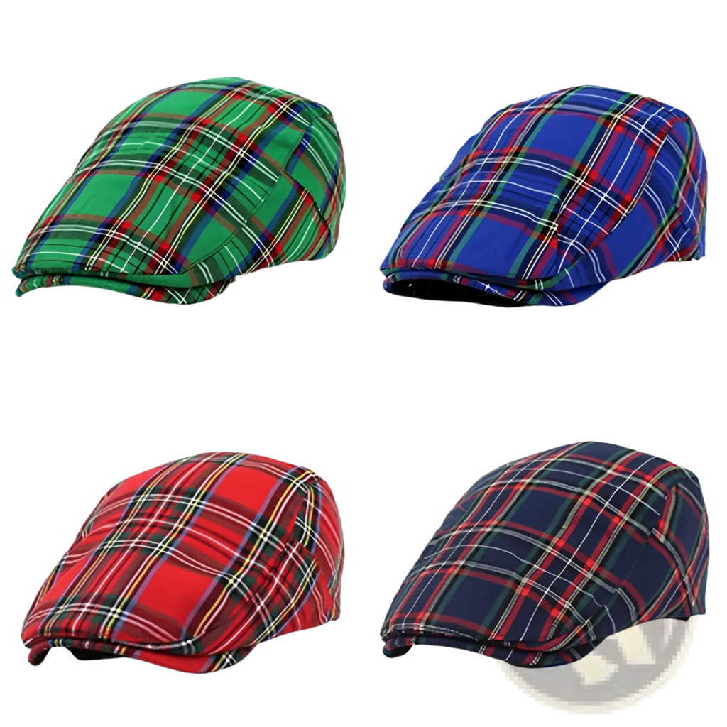 Four plaid painter hats flat caps in navy blue, green, blue, and red with white, yellow, and black stripes