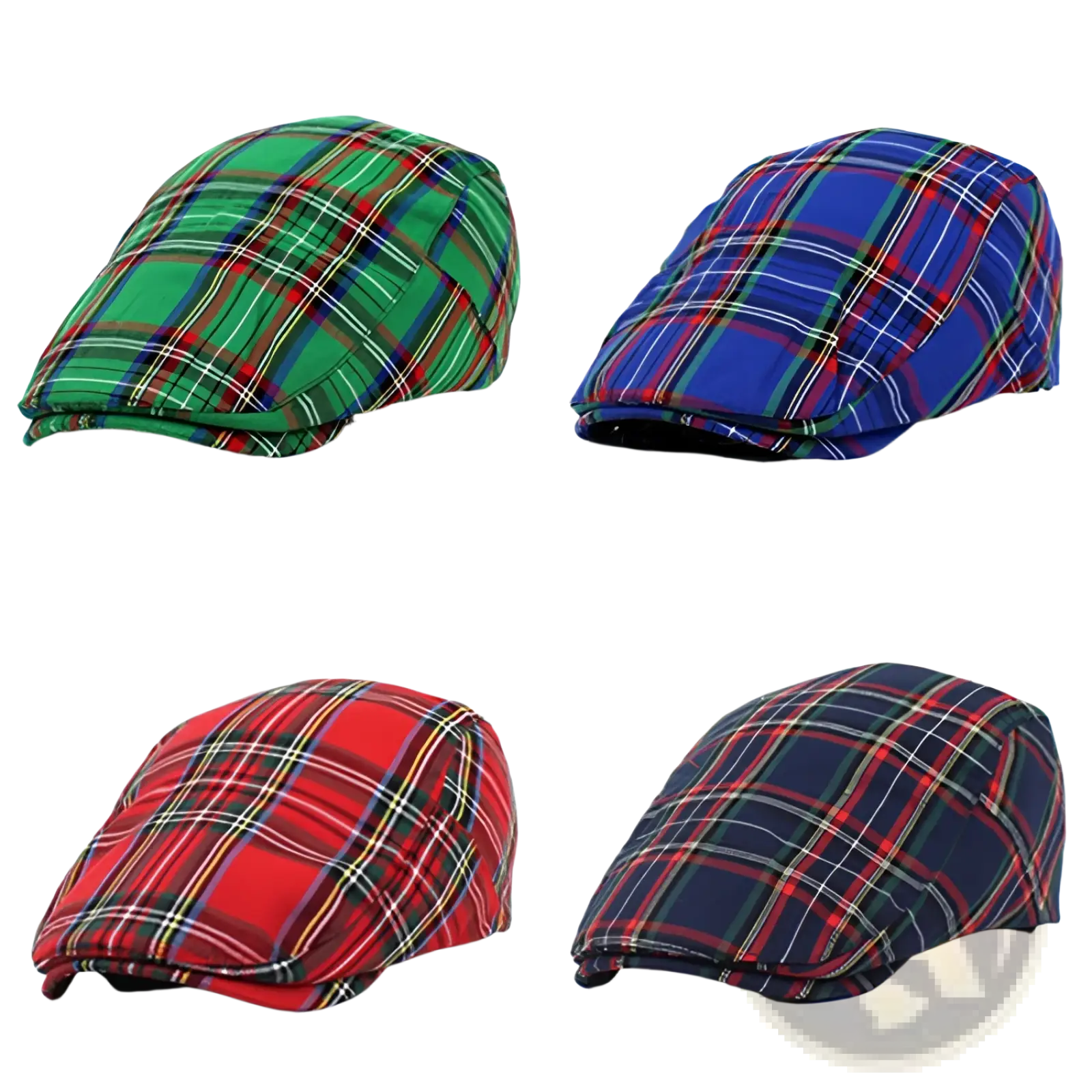 Four plaid painter hats flat caps in navy blue, green, blue, and red with white, yellow, and black stripes