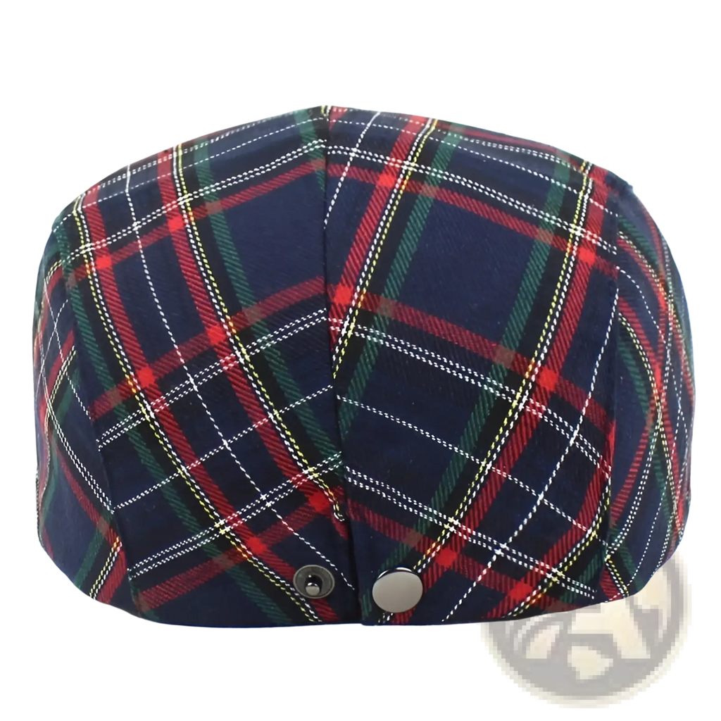 Plaid painter hat navy blue flat cap with red green and white intersecting stripes in navy blue plaid fabric