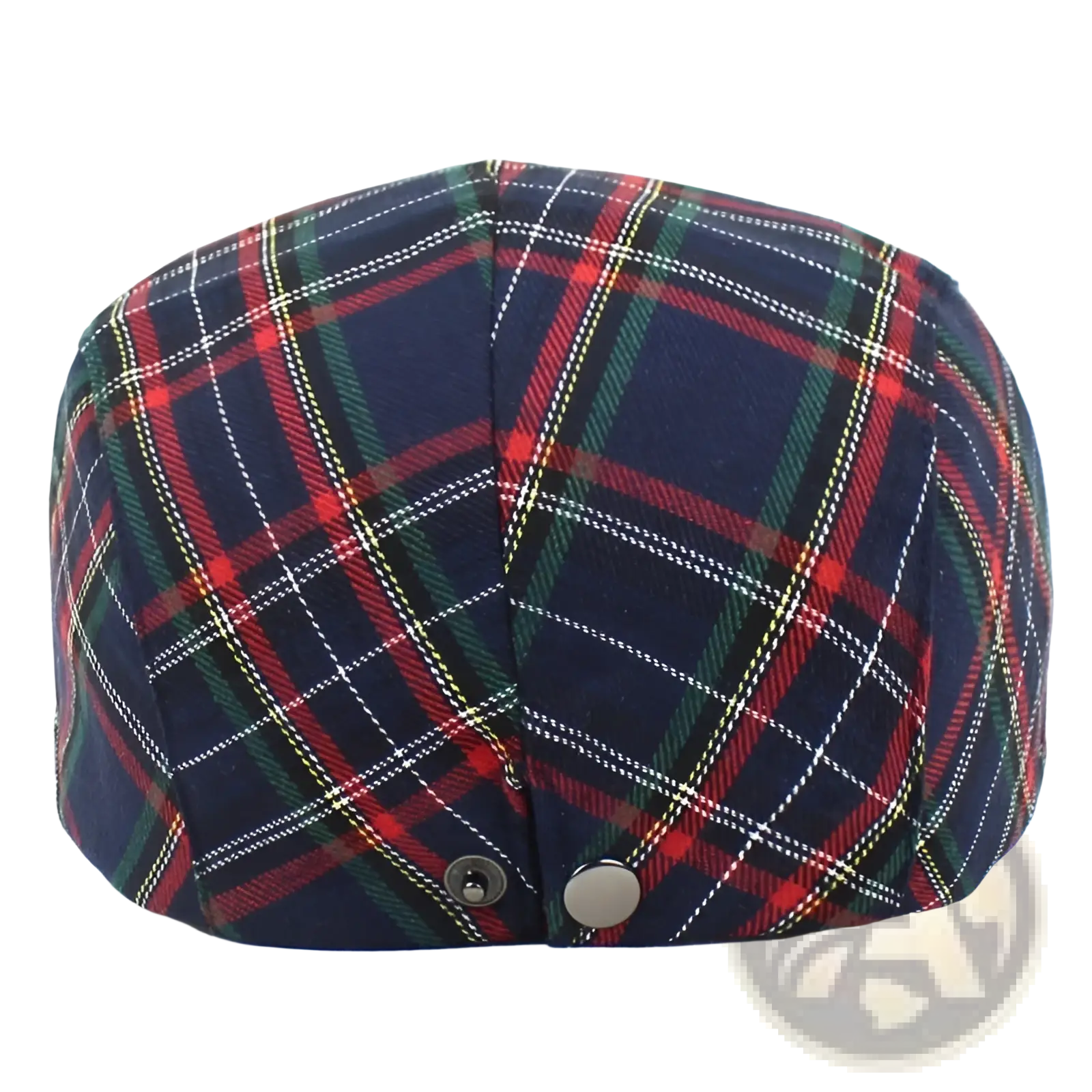 Plaid painter hat navy blue flat cap with red green and white intersecting stripes in navy blue plaid fabric
