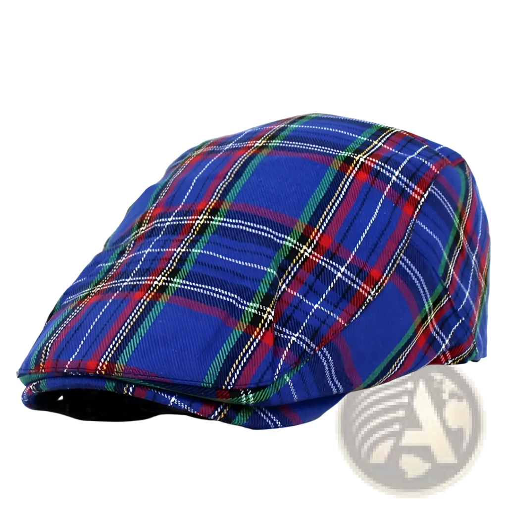 Navy blue plaid painter hat flat cap with red green and white stripes for stylish casual wear