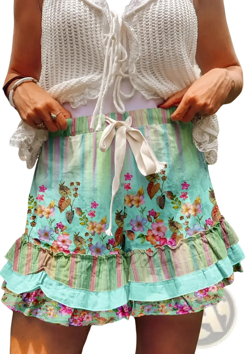 A vibrant mint green plaid patchwork a-line skirt featuring floral ruffles, striped accents, and a drawstring waistband