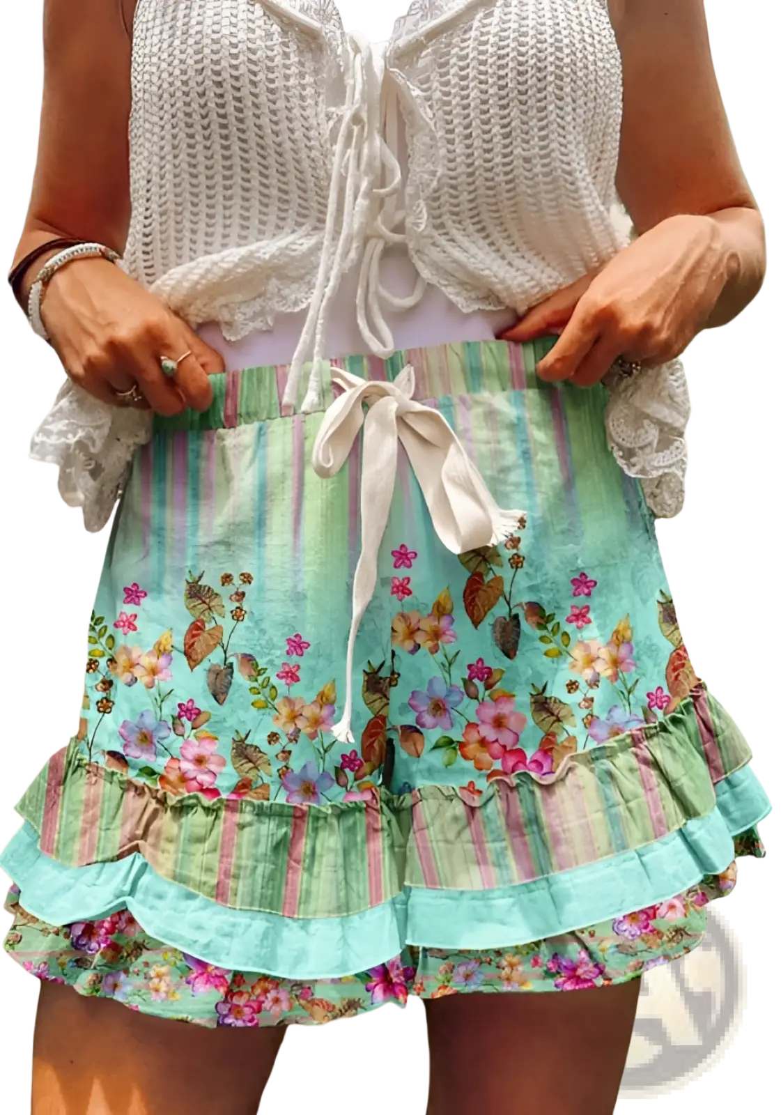 A vibrant mint green plaid patchwork a-line skirt featuring floral ruffles, striped accents, and a drawstring waistband