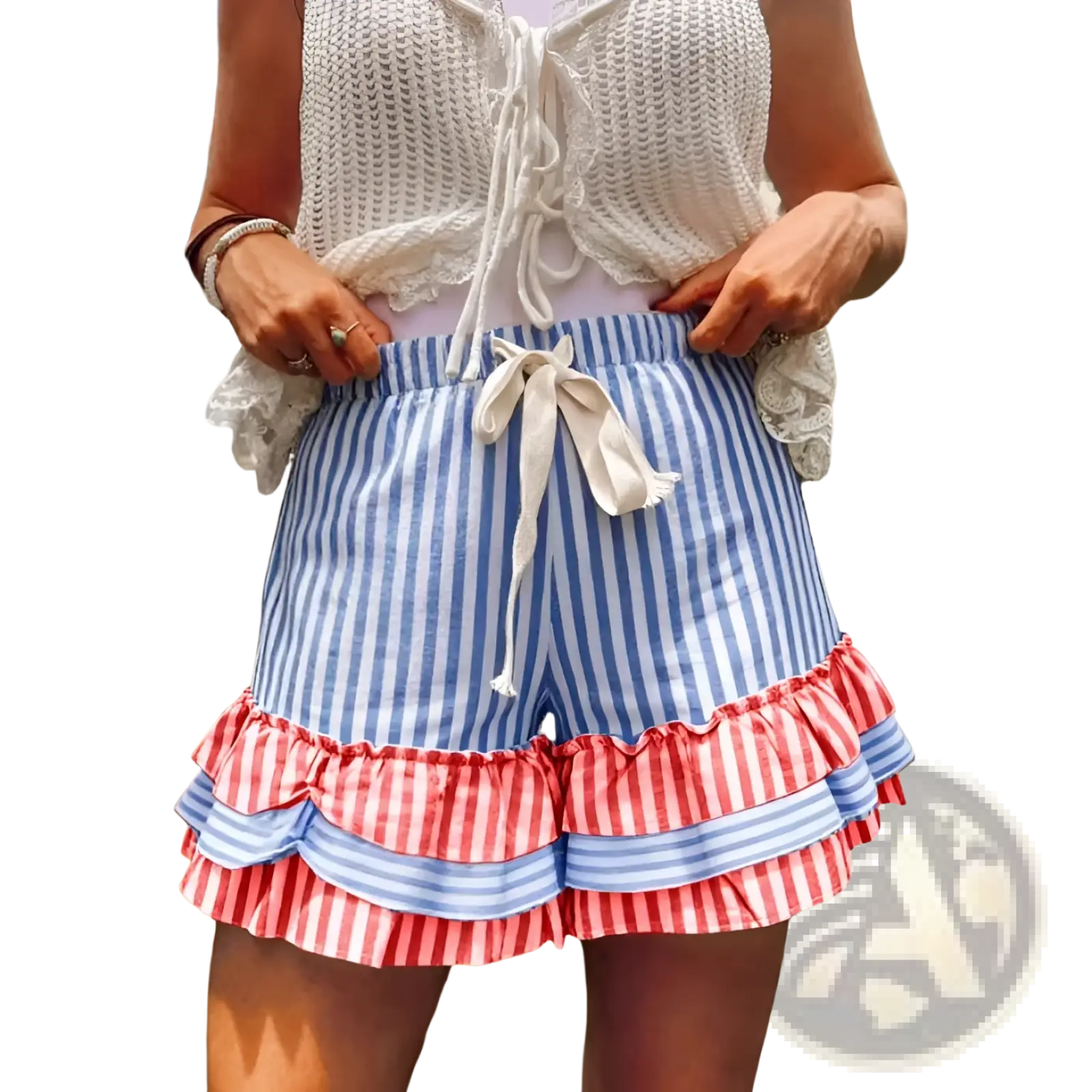 Plaid patchwork a-line skirt featuring blue and white striped shorts with a red and blue ruffled hem