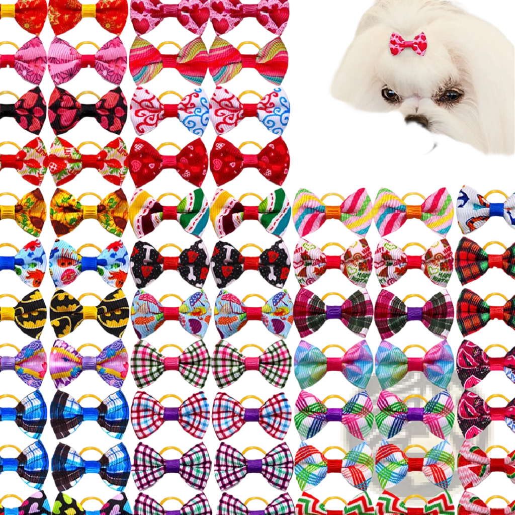 A collection of colorful plaid fabric bows with yellow elastic bands for dog hair accessories