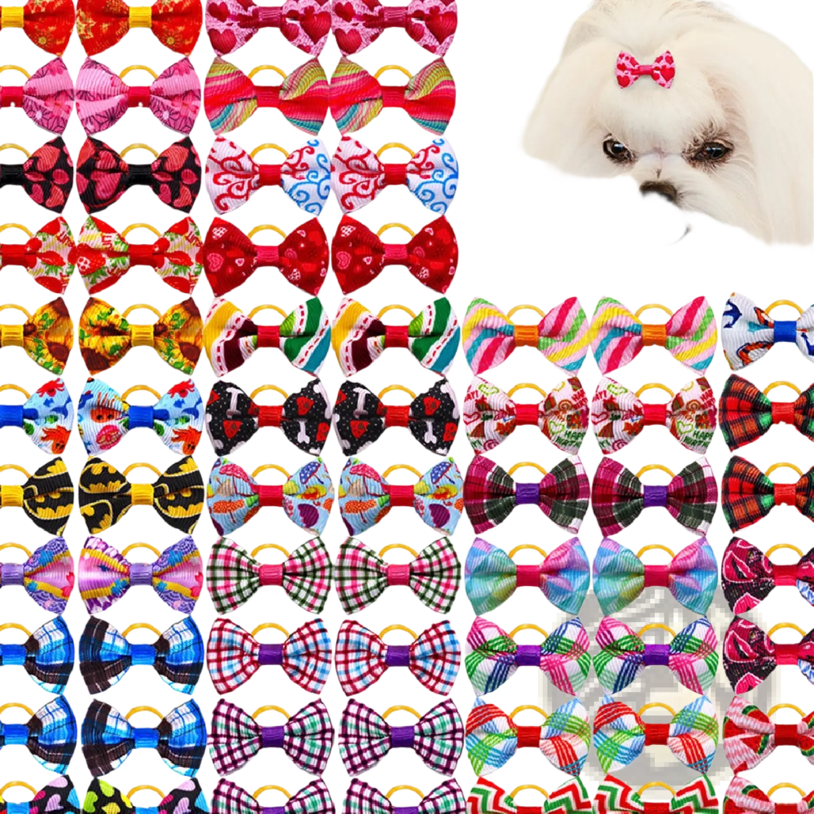 A collection of colorful plaid fabric bows with yellow elastic bands for dog hair accessories